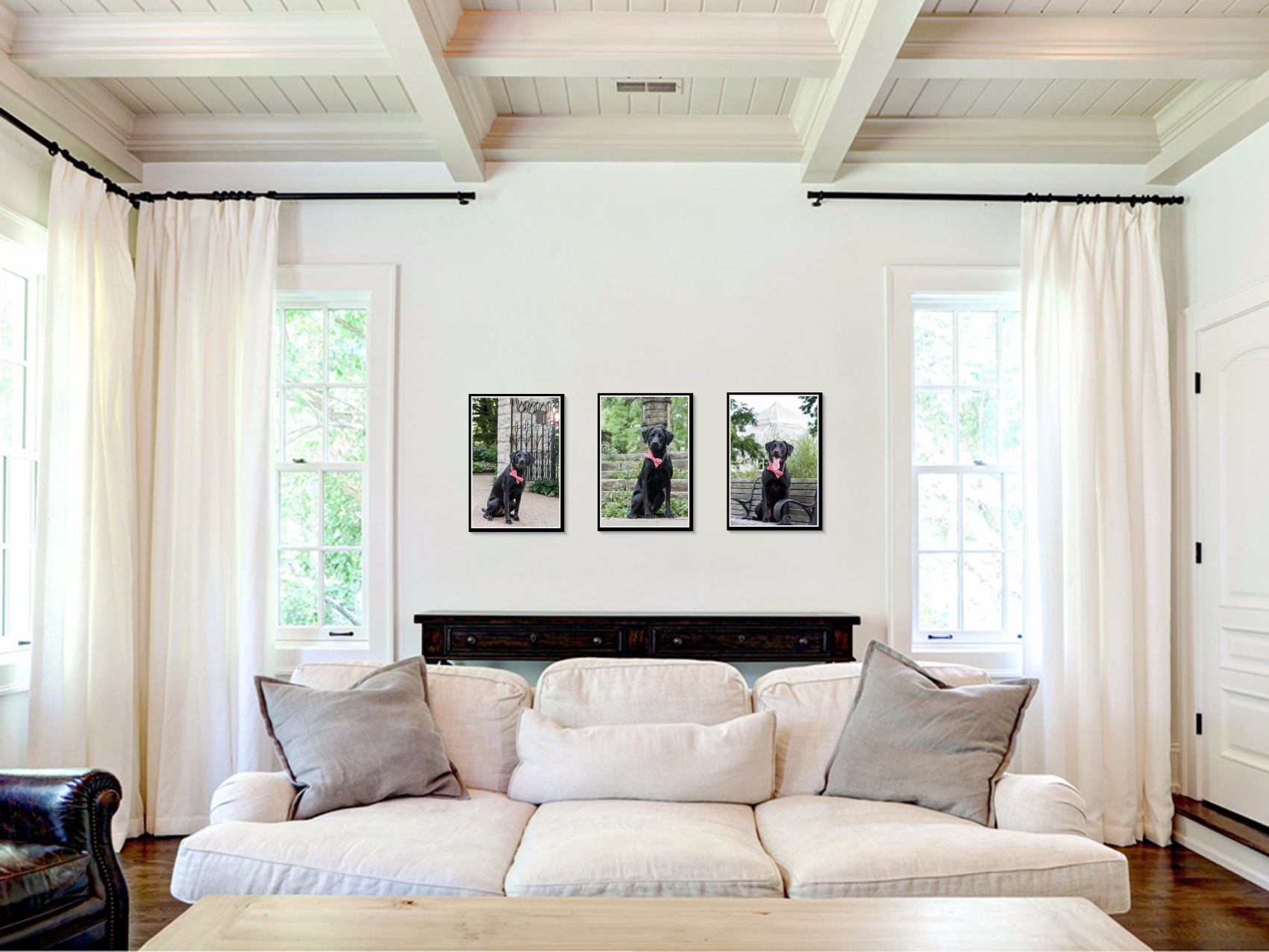 wall art framed prints trio above couch in living room