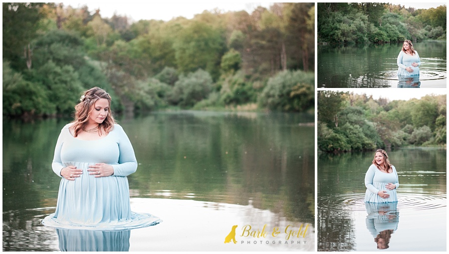 maternity session with glowing mother-to-be in a lake at Hillman State Park