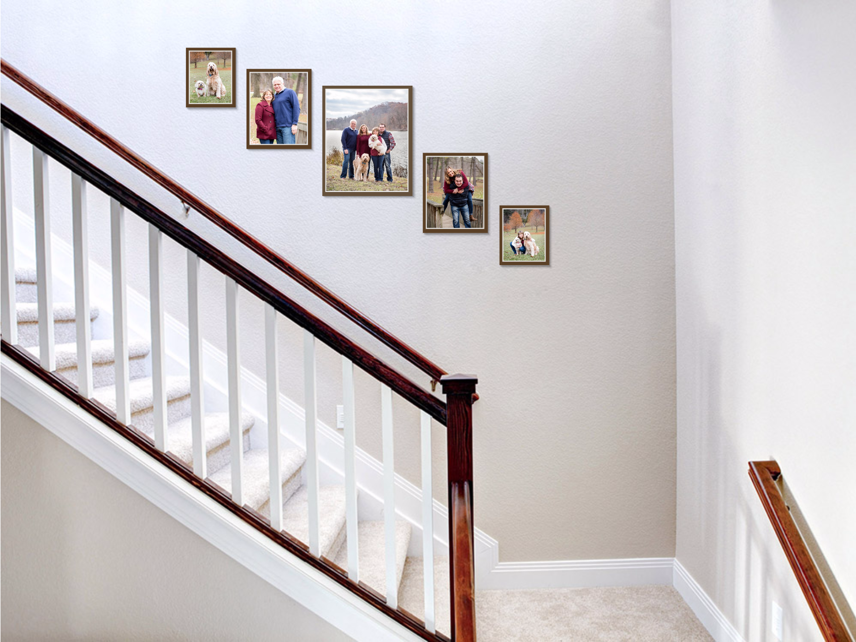 wall art grouping of family and dogs on stairs