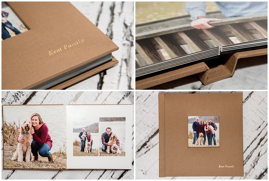 fine art album sample with tan linen cover and family portraits