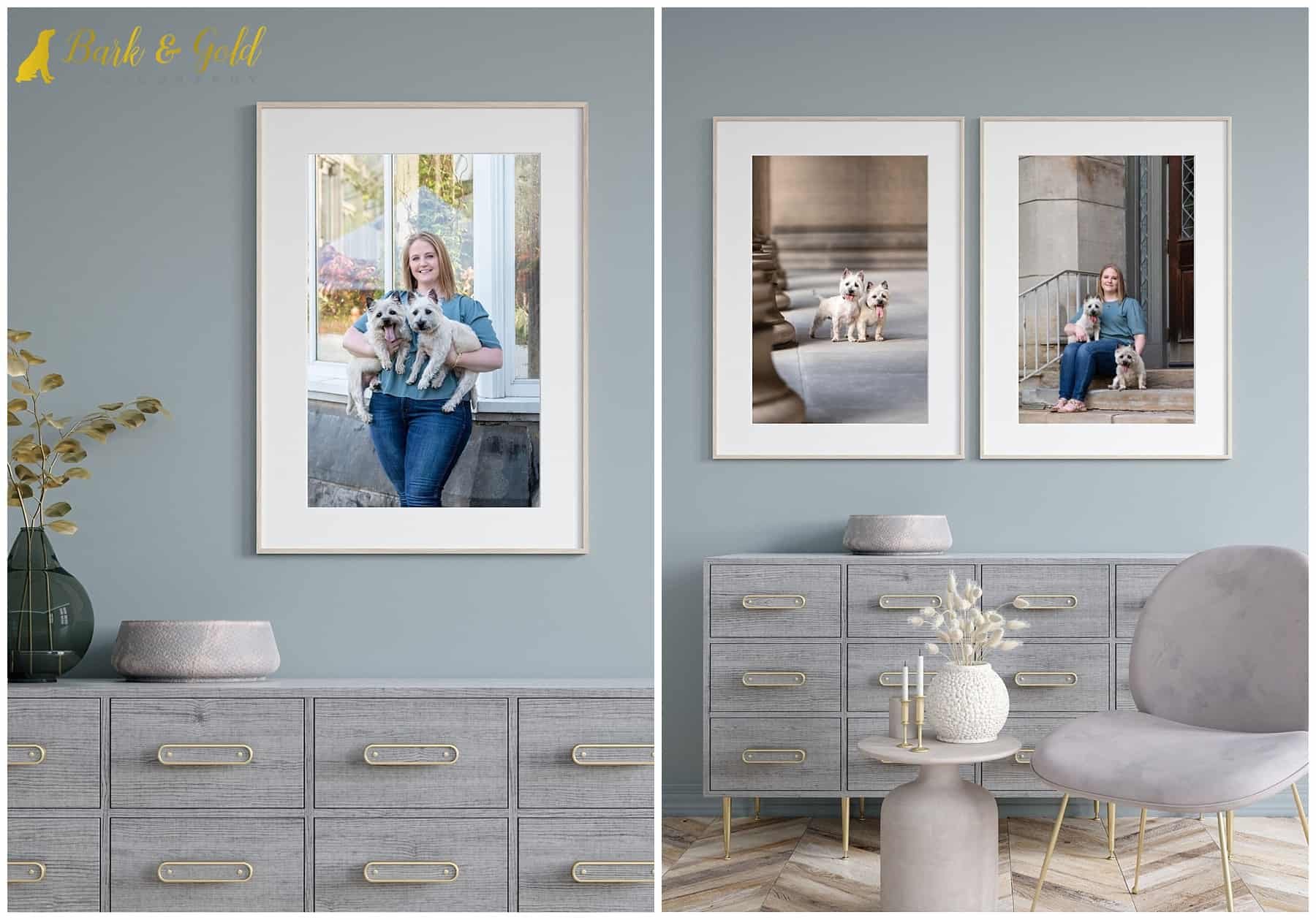 gold framed prints of a woman and her dogs in a light blue and gray bedroom