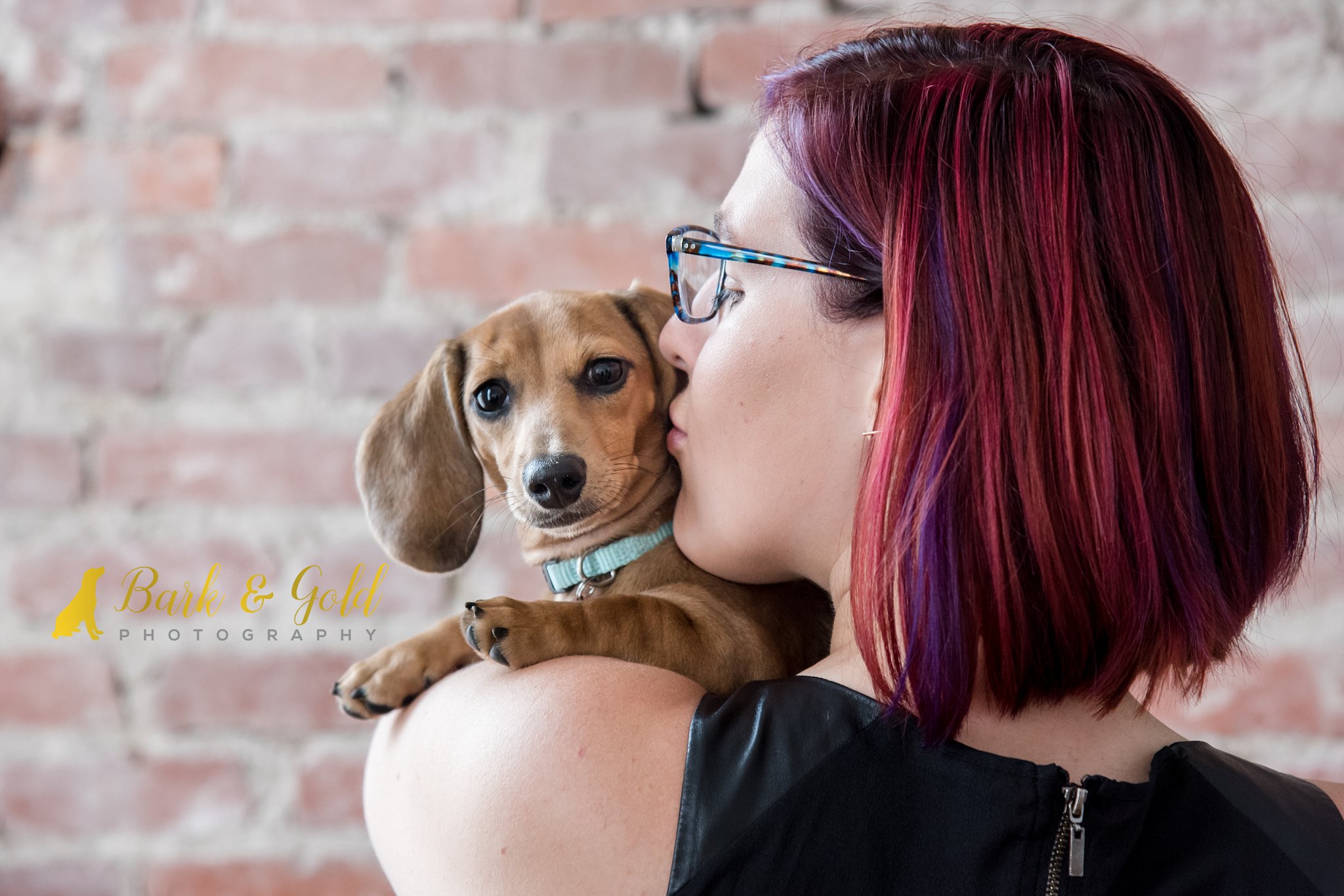 owner kissing small puppy at a studio session near Pittsburgh