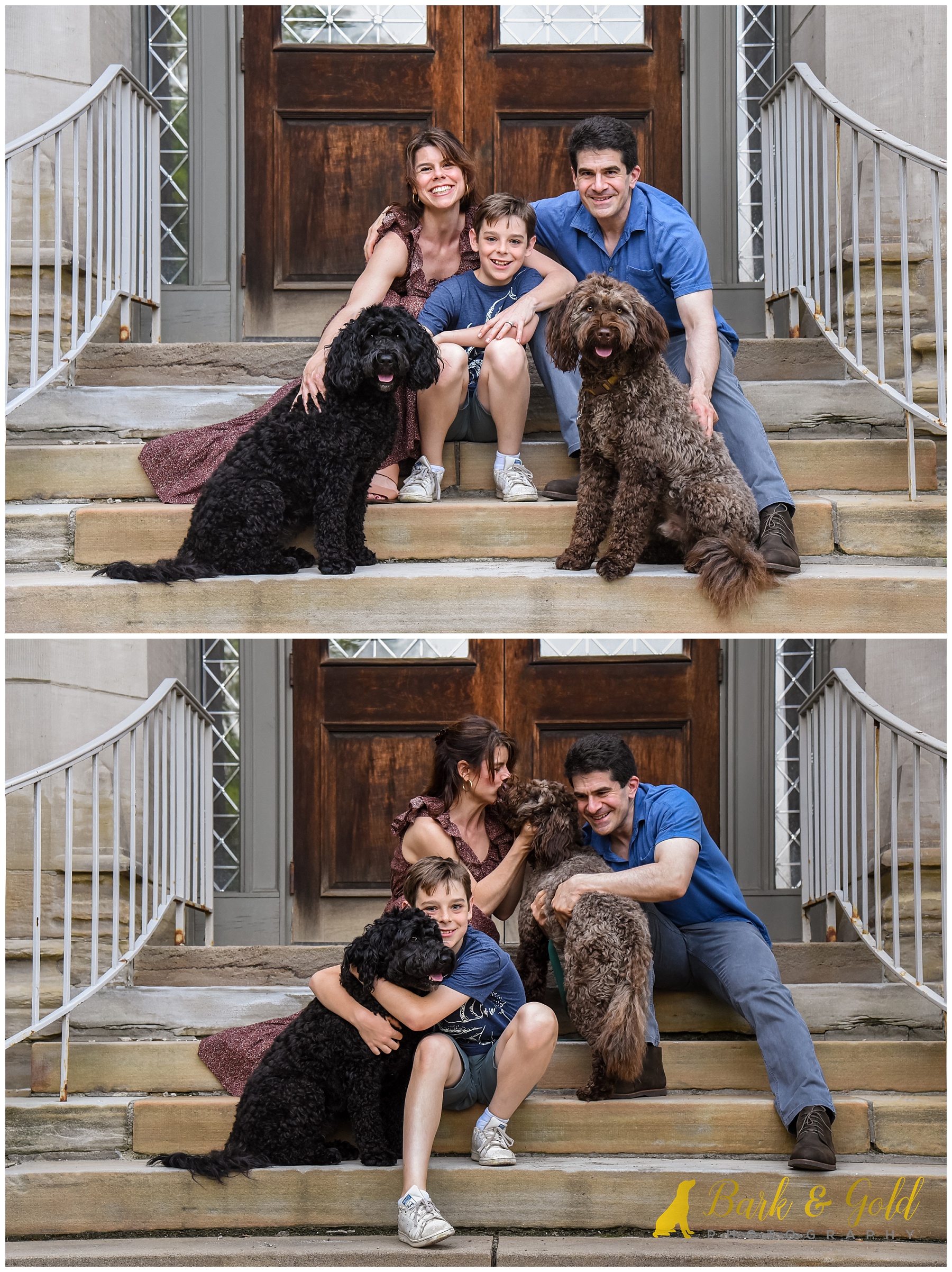 Portuguese Water Dogs cuddling family on steps outside of Phipps Conservatory