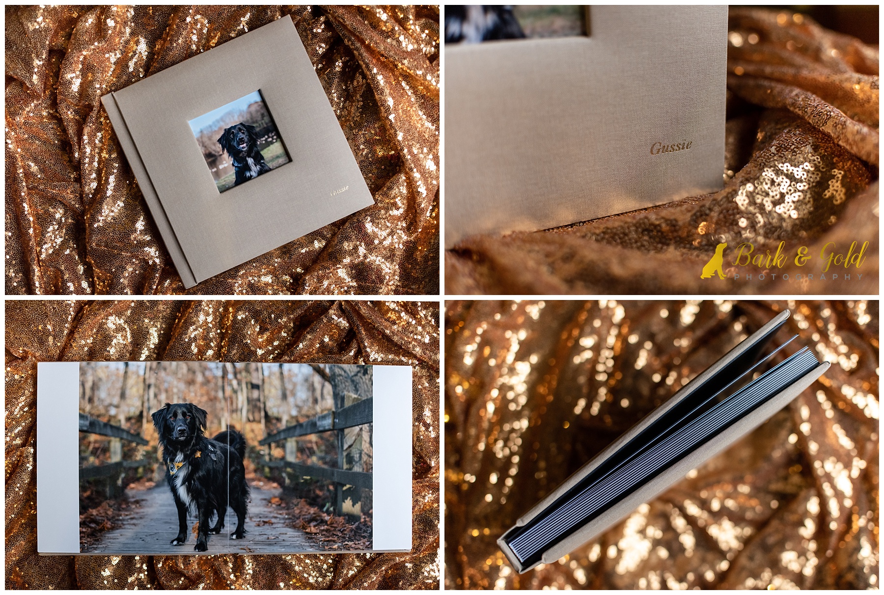 10x10 fine art album with tan luxury linen cover on gold sequined fabric