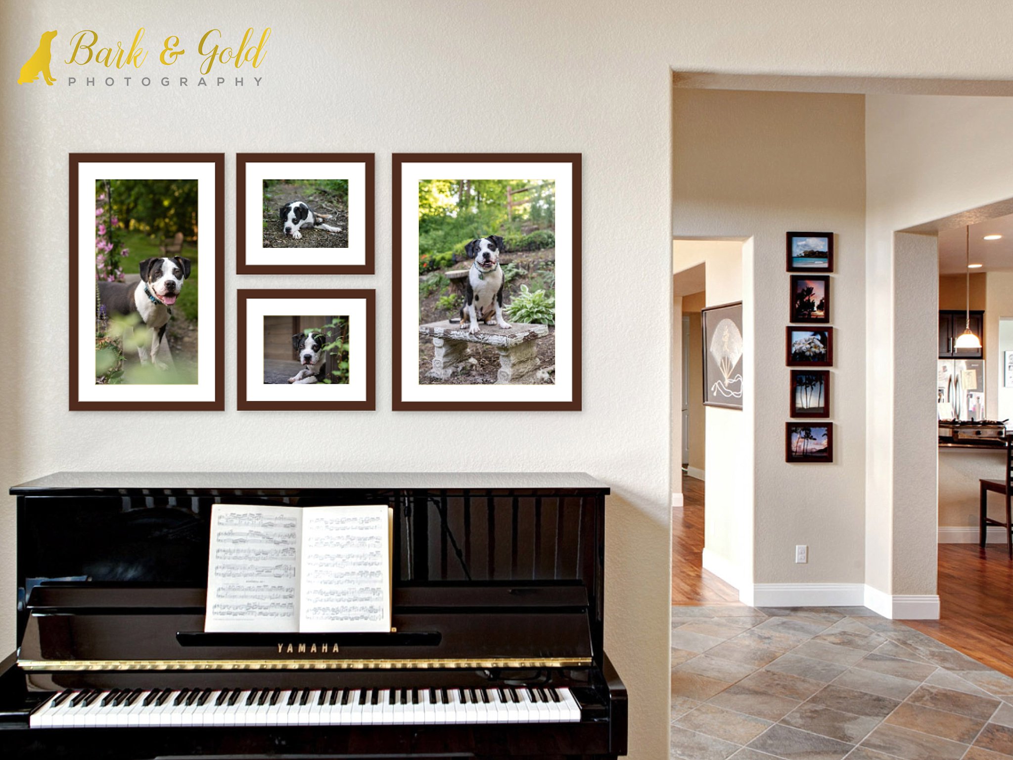 framed print wall art grouping above a piano