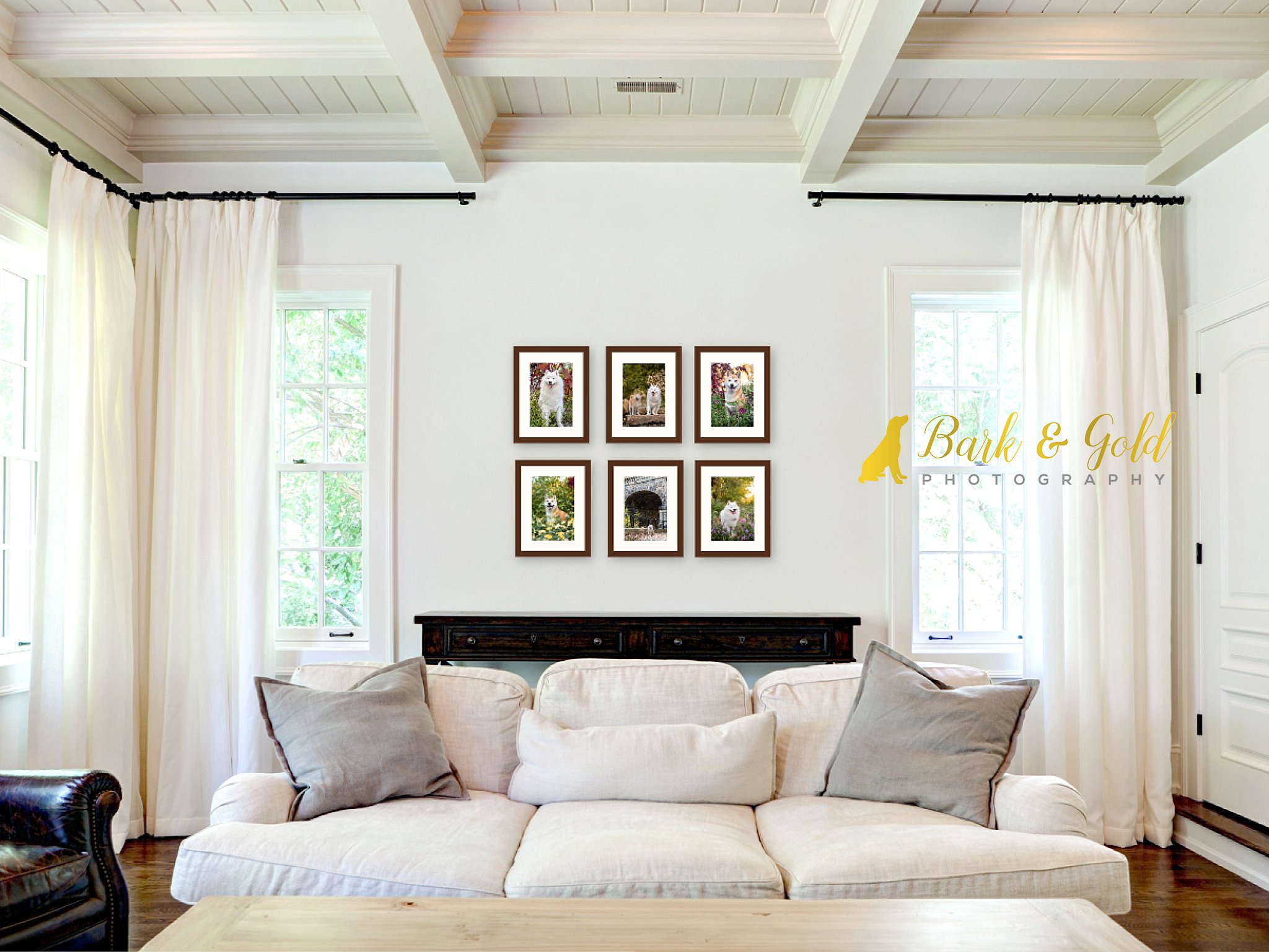 framed small prints displayed as a wall art grouping in a white living room