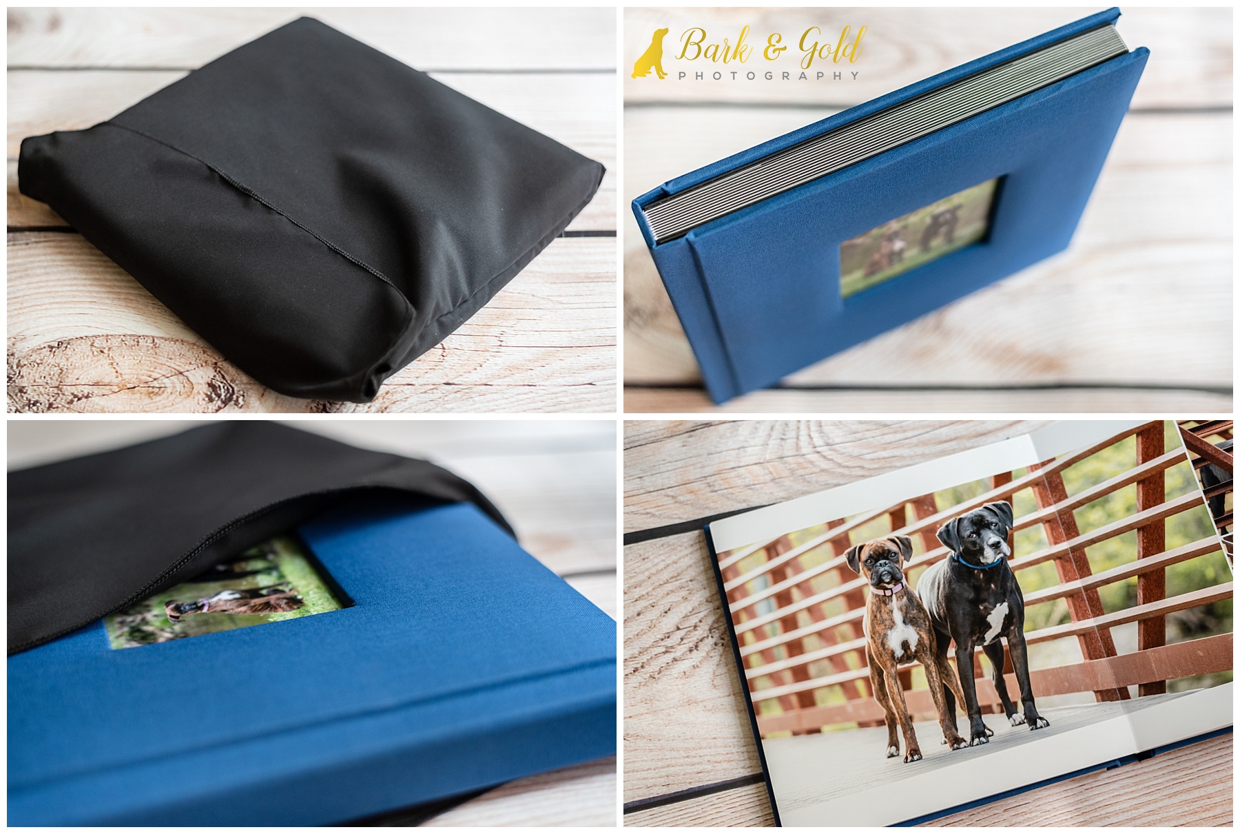 10x10 fine art album with blue luxury linen cover from dog session at Brady's Run Park