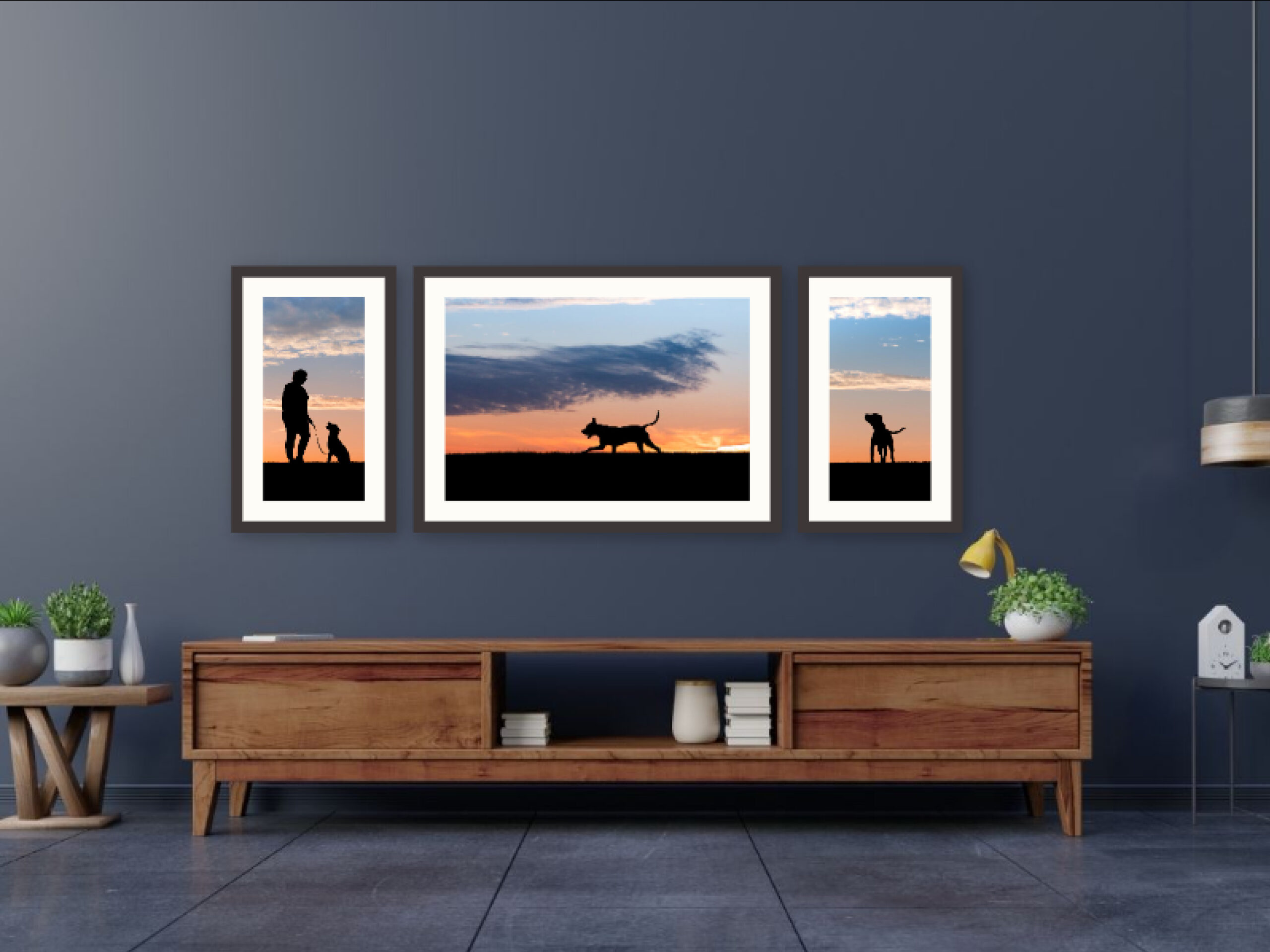 framed wall art grouping of a Silhouette Sunset Session against a navy wall