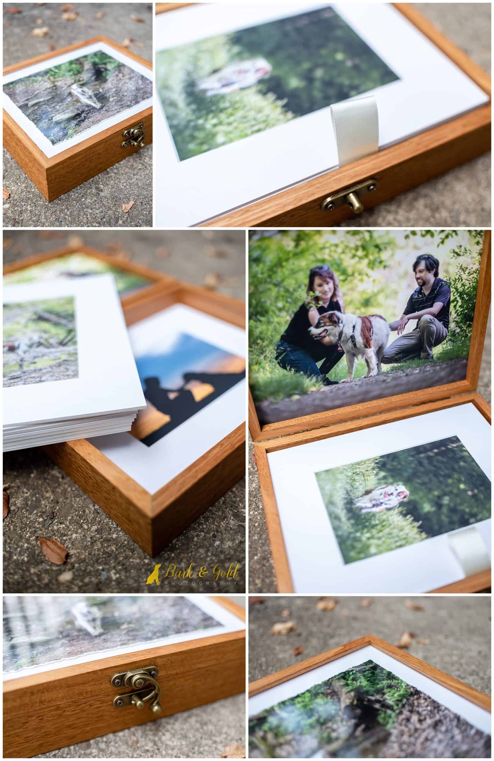 bamboo heirloom folio box with matted prints of a couple with their senior border collie/Saint Bernard mix during a Rainbow Session photographed at Sewickely Heights Borough Park