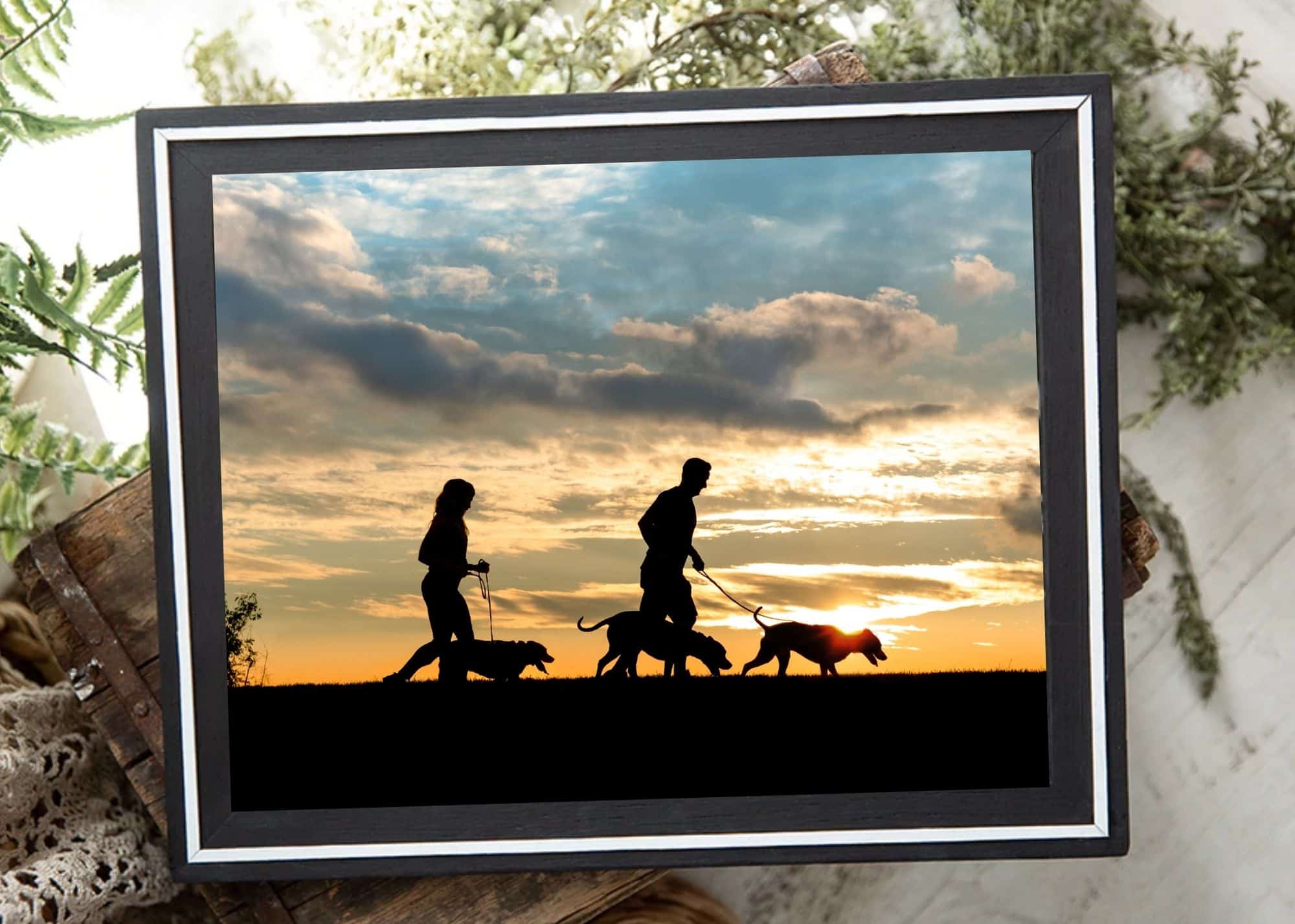 framed black craftsman-style barnwood frame of a family with their dogs at sunset in silhouette