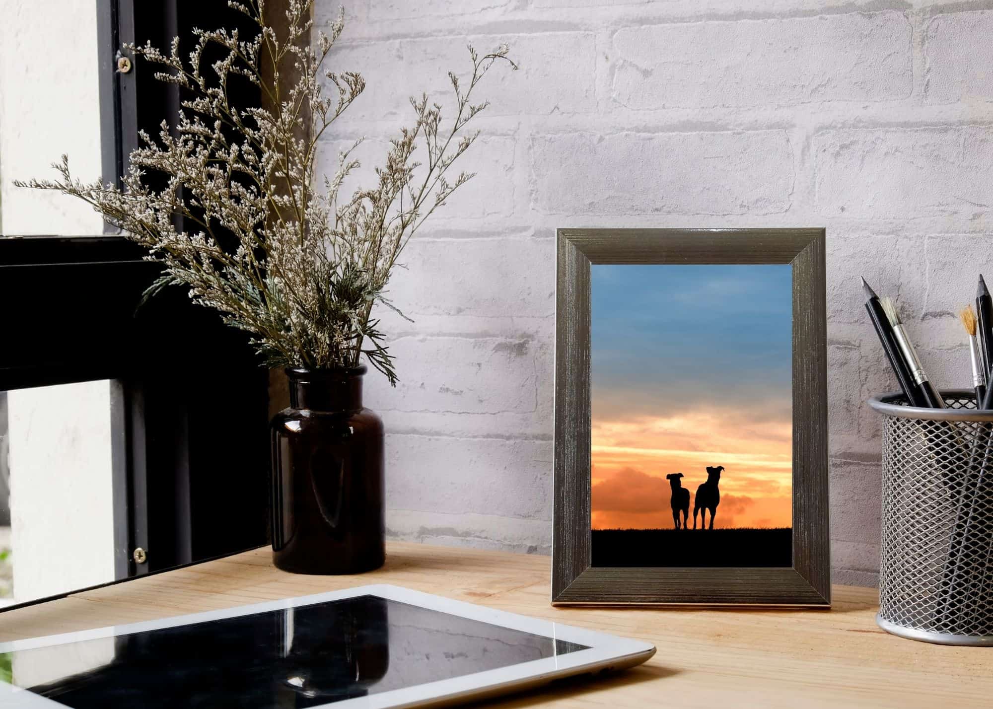 a tidy desk with a small framed gift print of two greyhound silhouettes against a colorful sunset sky