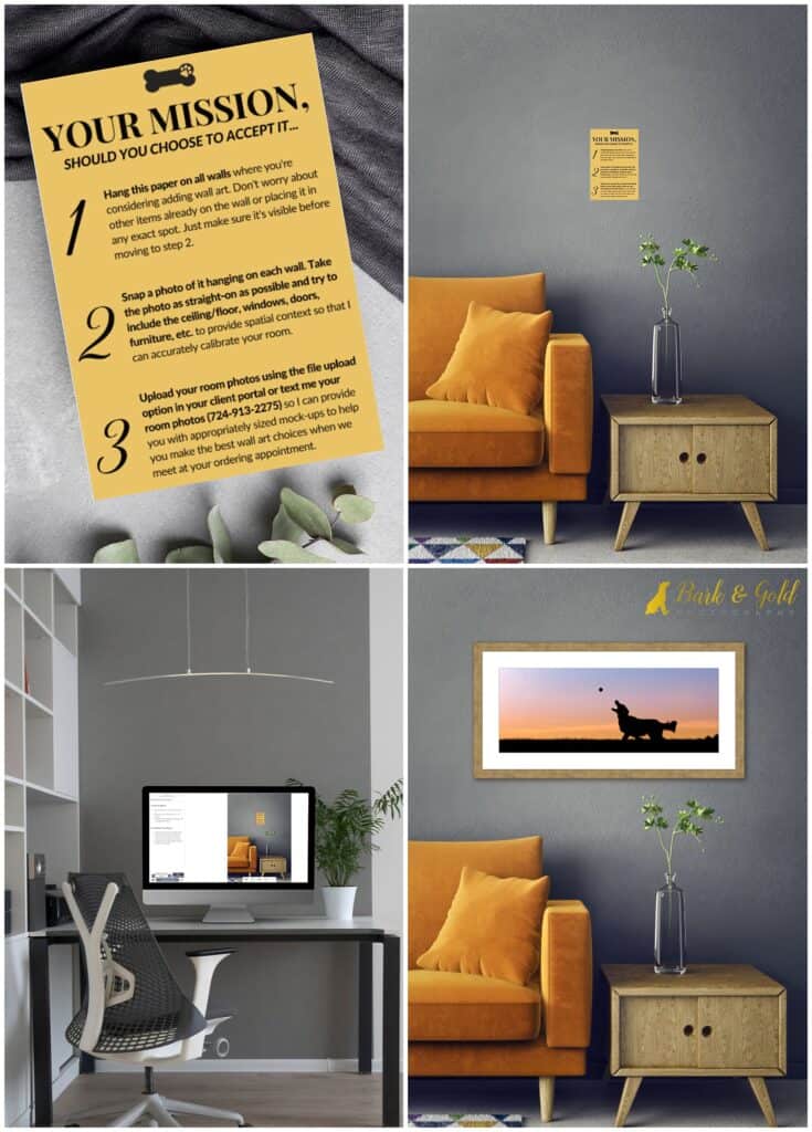 room mock-ups made in Swift Galleries with a instructions on how to hang the paper template