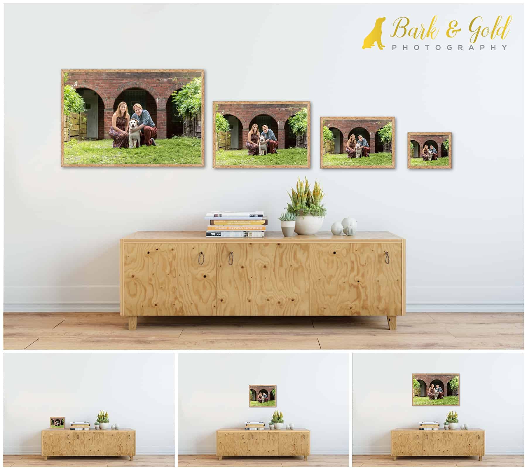 various signature wall art sizes shown above an entryway table