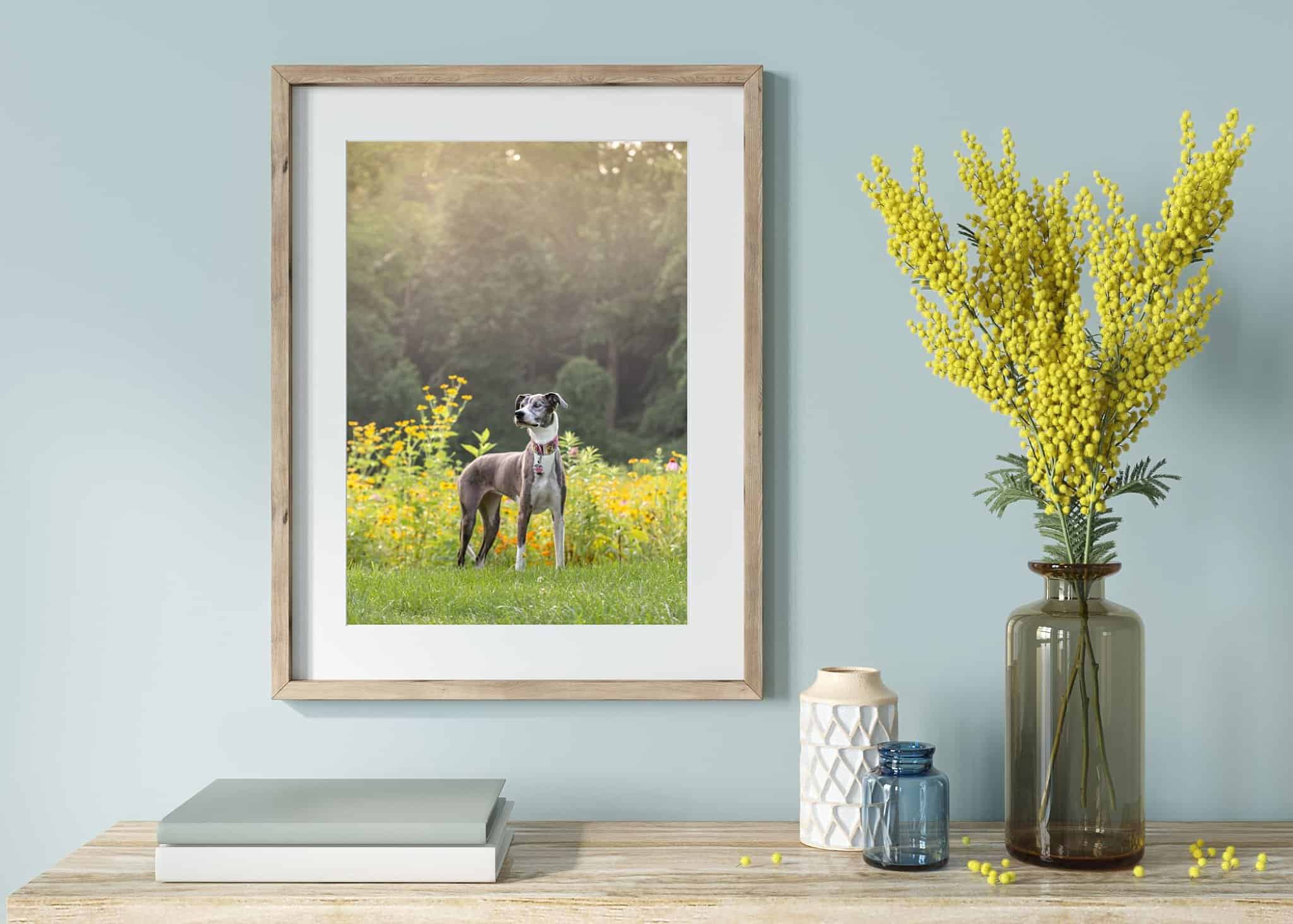 traditional framed print above an entry way table with a vase of yellow flowers