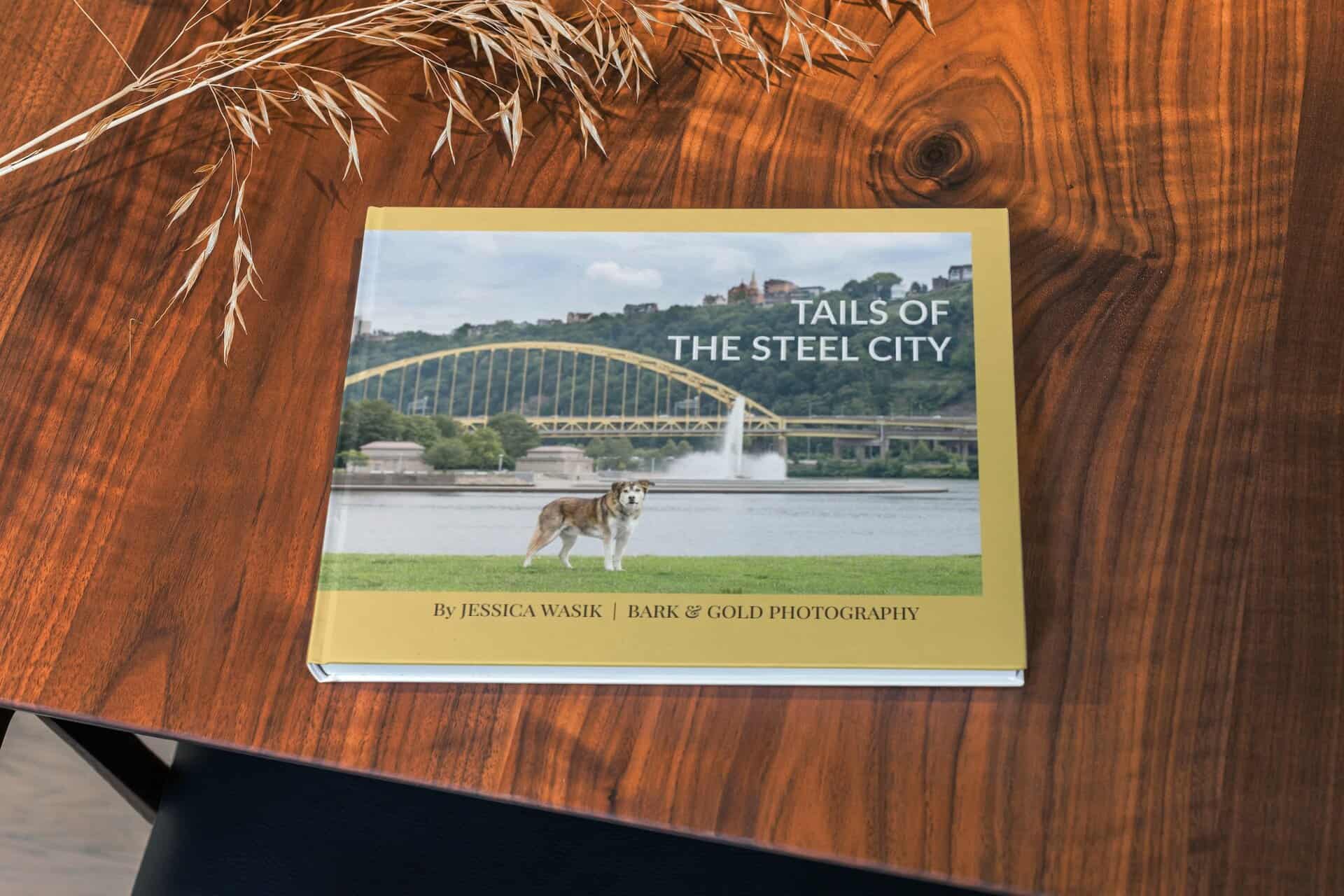 Tails of the Steel City hardcover fundraising book on a dark wood coffee table
