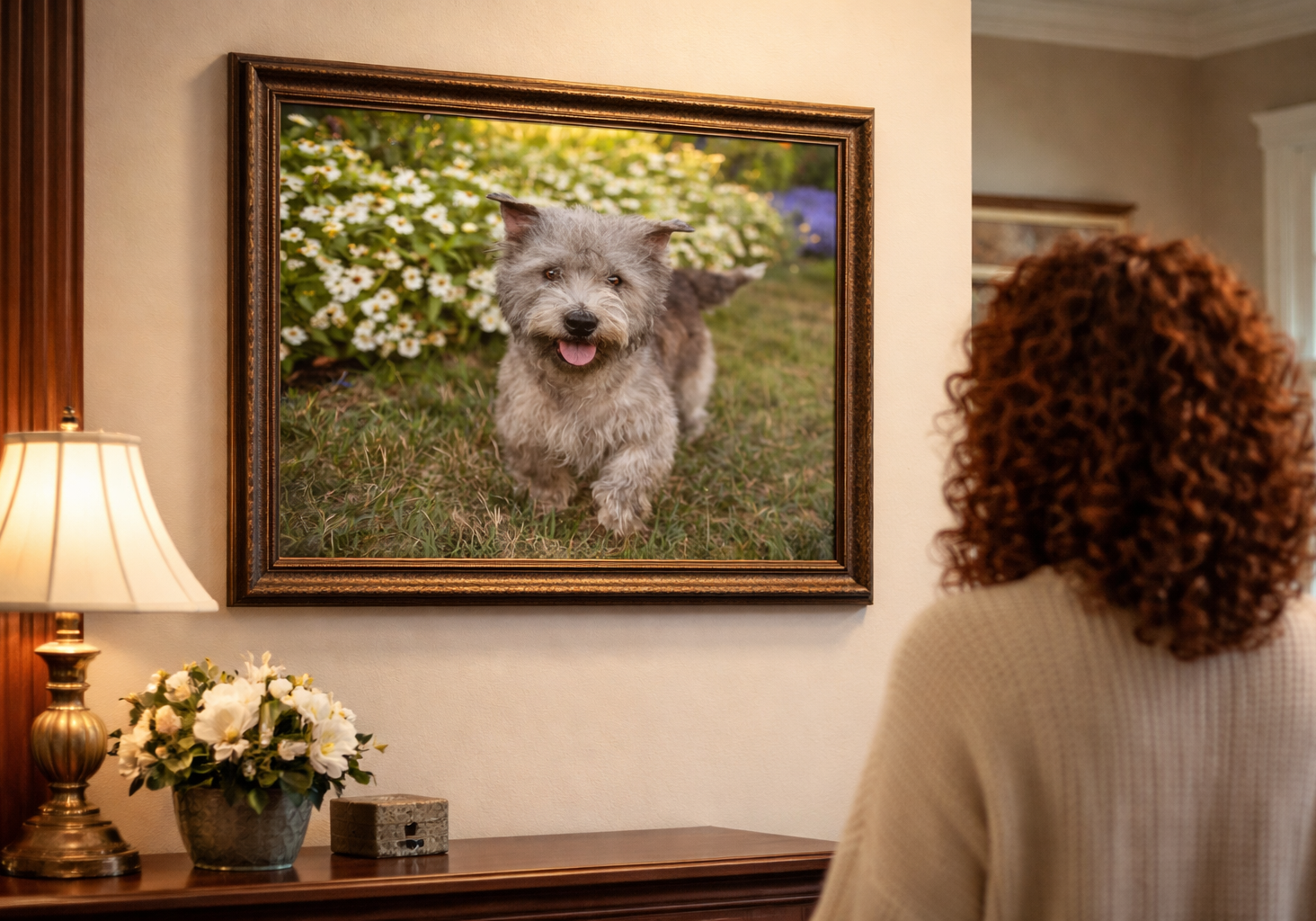 red-haired-woman-admiring-bespoke-canvas-masterpiece-on-wall